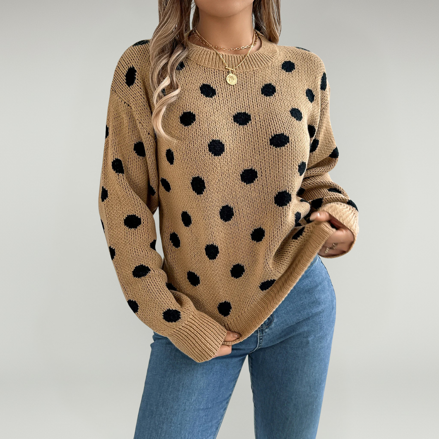 Jersey De Cuello Redondo Con Estampado De Lunares Y Mangas Farol Para Adultos | Ideal Para Otoño Y Uso Casual