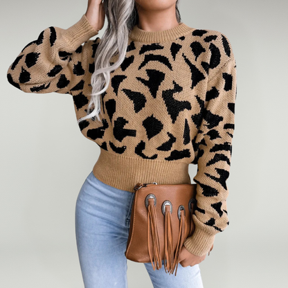 Jersey De Cuello Redondo Con Estampado Animal Y Mangas Largas Para Mujer | Ideal Para Uso Diario