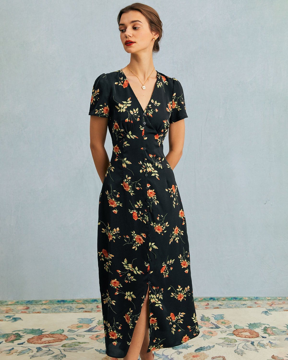 Vestido Midi Con Estampado Floral Y Botones Frontales Para Mujer | Ideal Para Uso Diario Y Ocasiones Informales