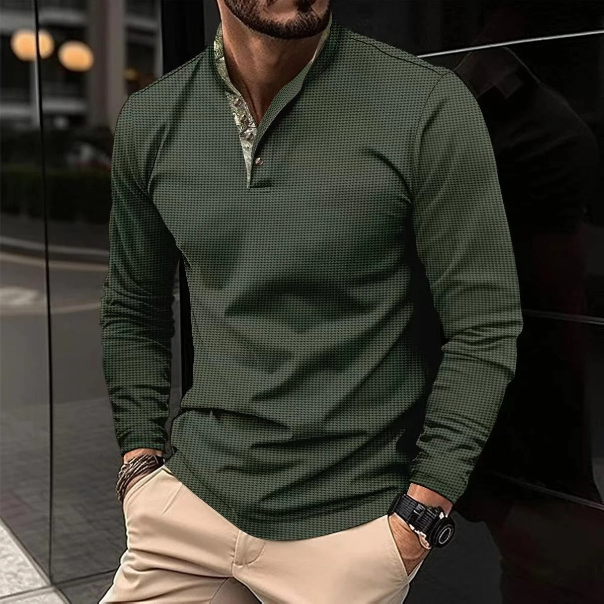 Polo De Manga Larga Con Cuello Colorido Y Cierre De Botones Para Hombre | Ideal Para Uso Diario Y Contextos Profesionales