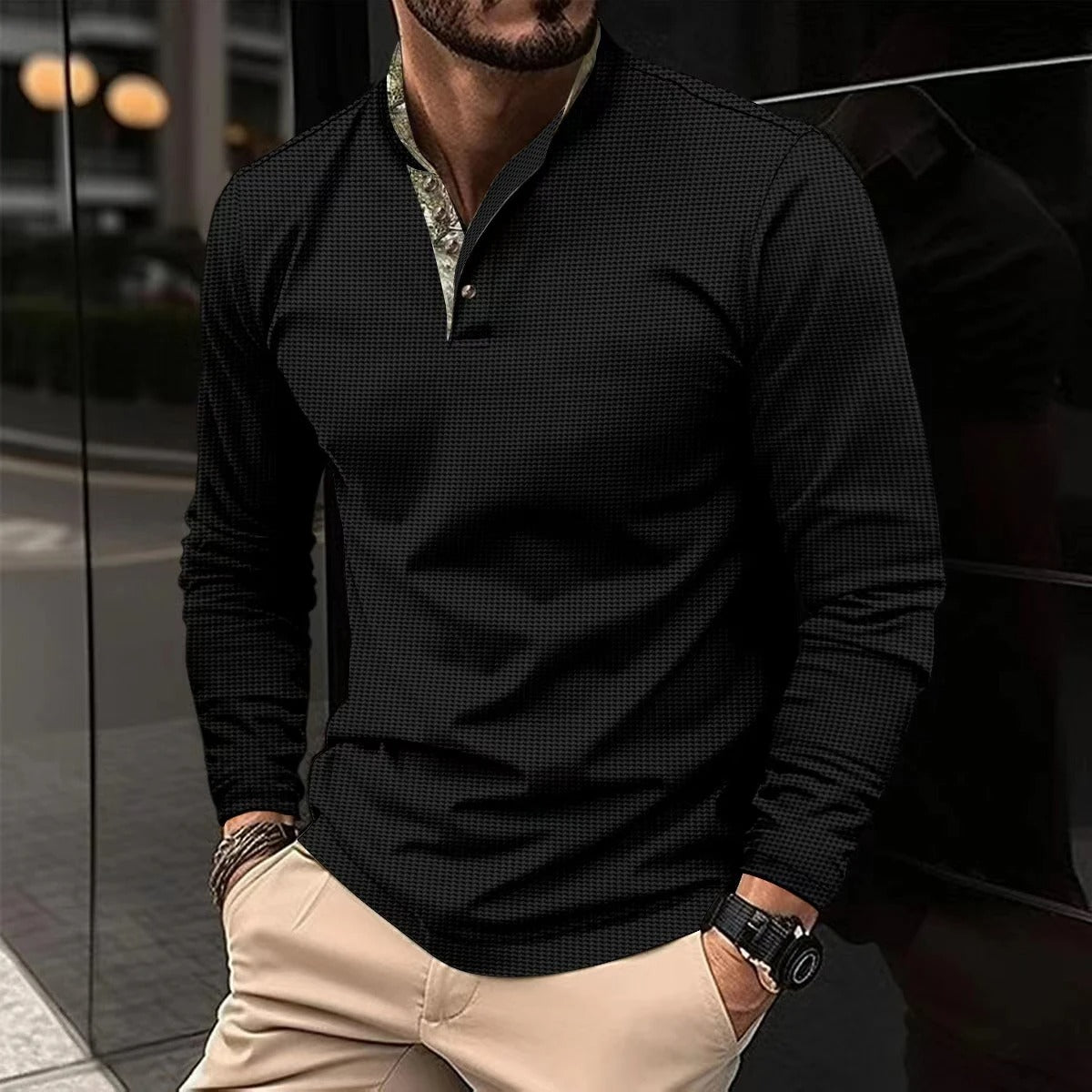 Polo De Manga Larga Con Cuello Colorido Y Cierre De Botones Para Hombre | Ideal Para Uso Diario Y Contextos Profesionales