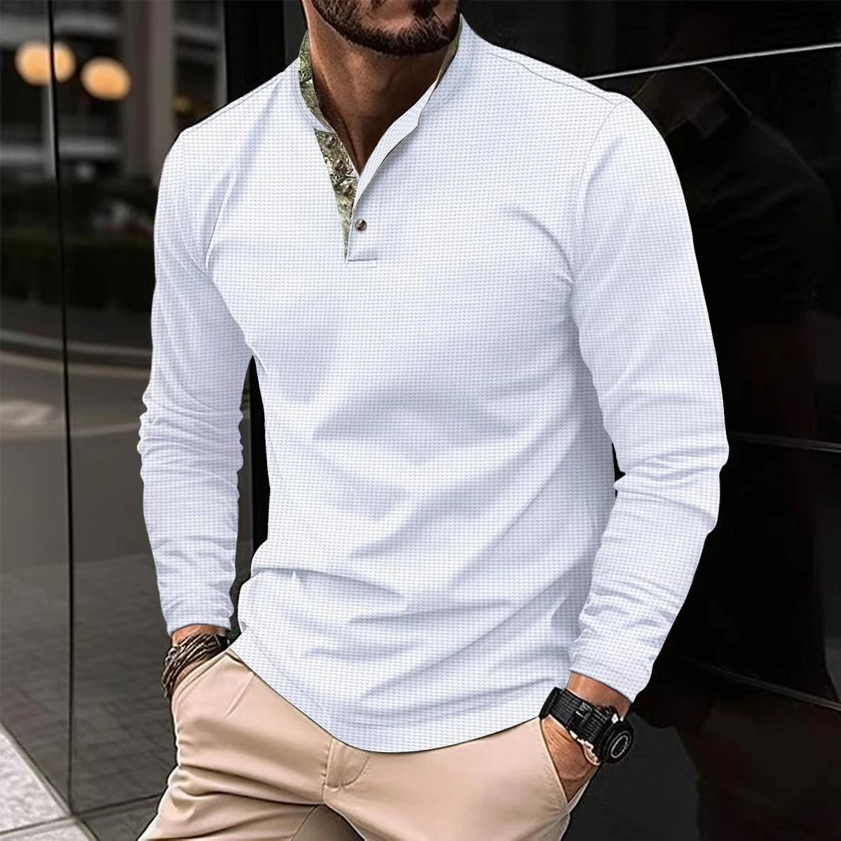 Polo De Manga Larga Con Cuello Colorido Y Cierre De Botones Para Hombre | Ideal Para Uso Diario Y Contextos Profesionales