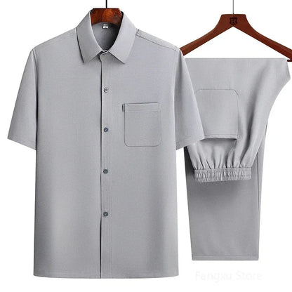 Conjunto de Dos Piezas con Camisa Abotonada y Pantalón con Cintura Elástica para Mujer | Ideal para Uso Diario