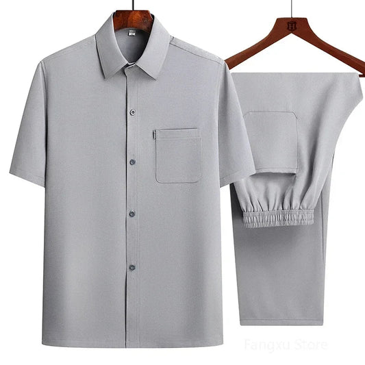 Conjunto de Dos Piezas con Camisa Abotonada y Pantalón con Cintura Elástica para Mujer | Ideal para Uso Diario