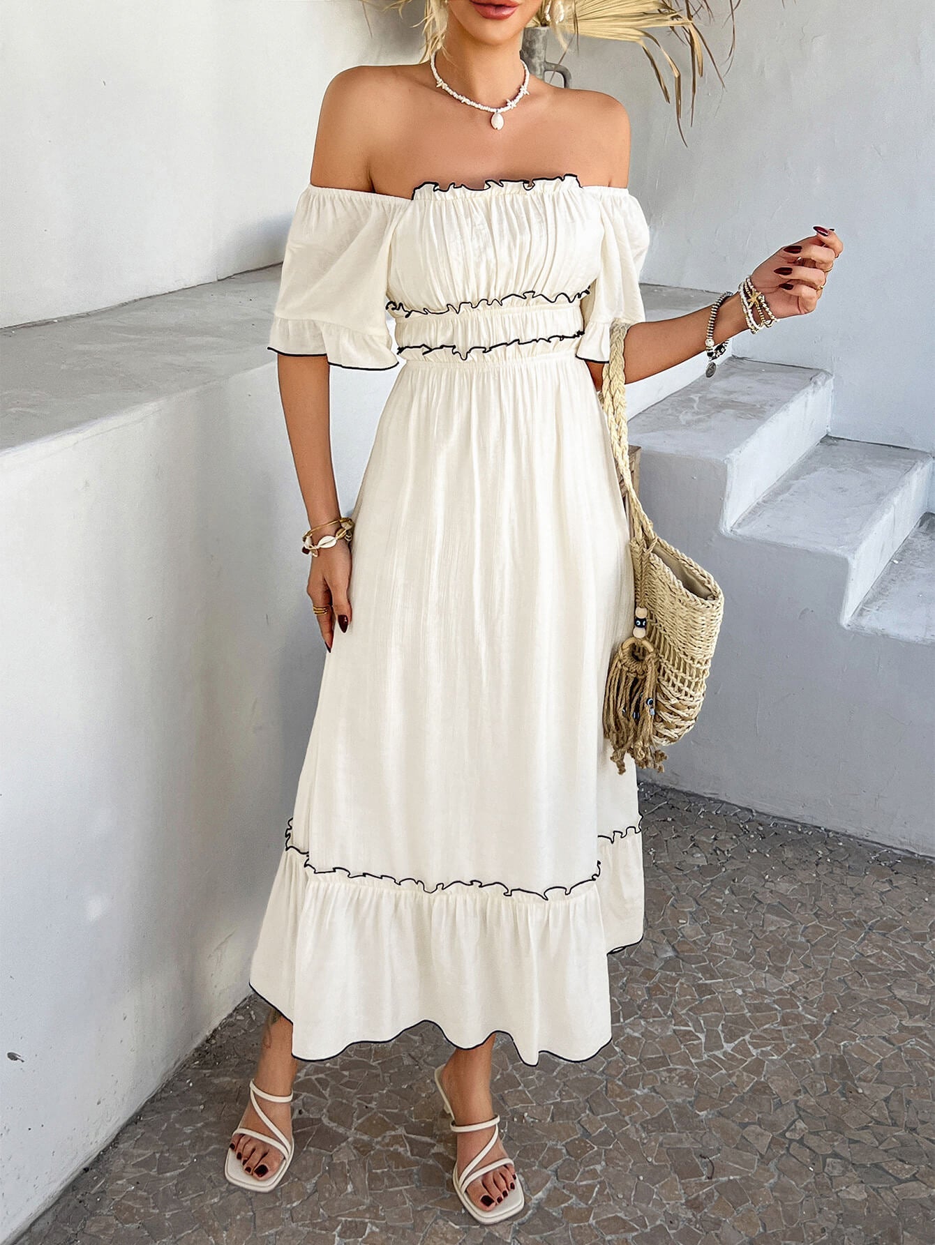 Vestido Midi con Cintura Elástica Fruncida para Mujer | Ideal para Salidas y Días de Verano