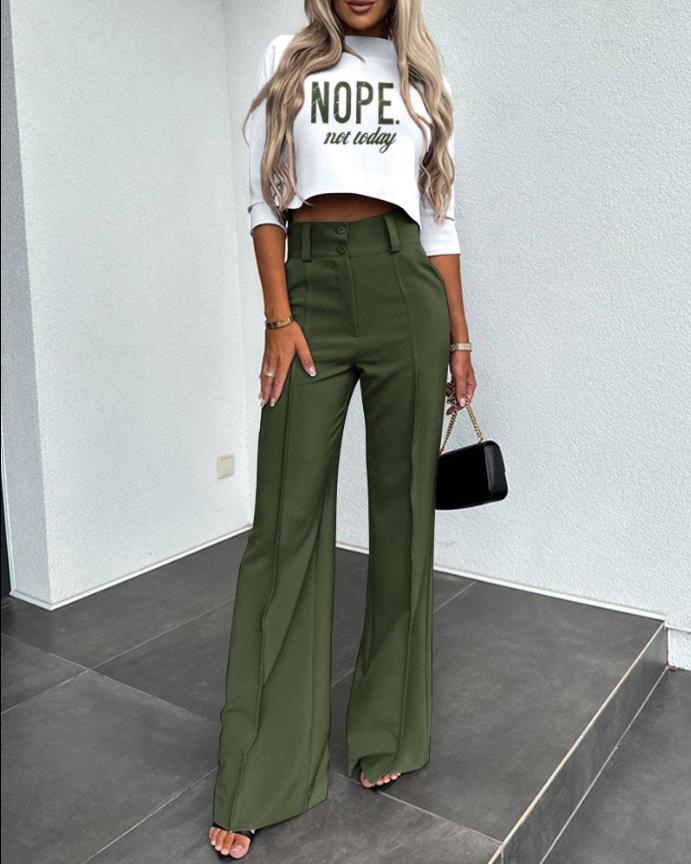 Conjunto De Top De Manga Larga Con Cuello Redondo Y Pantalón Ancho Para Mujeres | Ideal Para Uso Diario Y Oficina