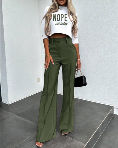 Conjunto De Top De Manga Larga Con Cuello Redondo Y Pantalón Ancho Para Mujeres | Ideal Para Uso Diario Y Oficina