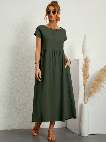 Vestido Midi Con Mangas Cortas Y Bolsillos Integrados Para Mujer | Ideal Para Uso Diario Y Salidas Informales