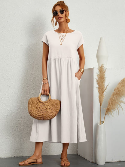 Vestido Midi Con Mangas Cortas Y Bolsillos Integrados Para Mujer | Ideal Para Uso Diario Y Salidas Informales