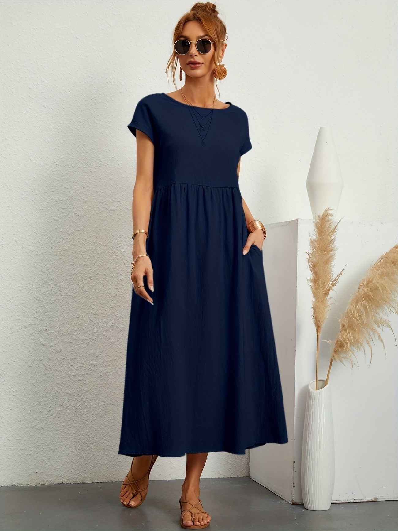 Vestido Midi Con Mangas Cortas Y Bolsillos Integrados Para Mujer | Ideal Para Uso Diario Y Salidas Informales