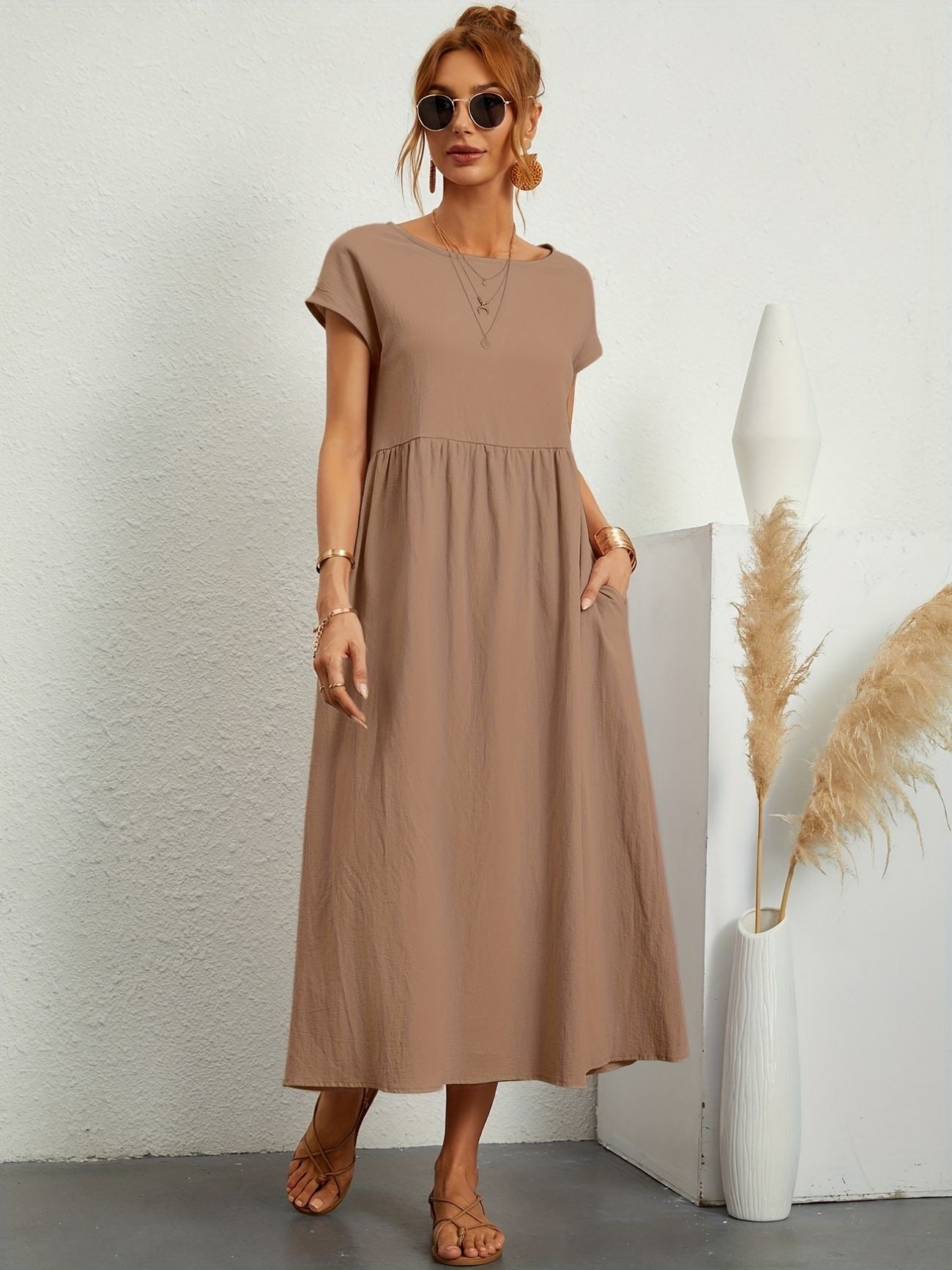 Vestido Midi Con Mangas Cortas Y Bolsillos Integrados Para Mujer | Ideal Para Uso Diario Y Salidas Informales
