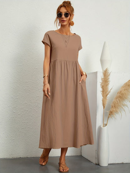 Vestido Midi Con Mangas Cortas Y Bolsillos Integrados Para Mujer | Ideal Para Uso Diario Y Salidas Informales