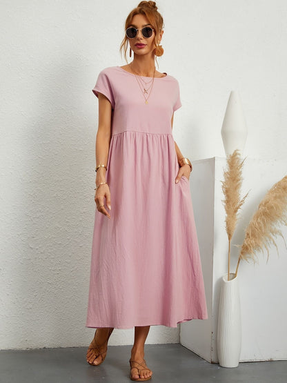 Vestido Midi Con Mangas Cortas Y Bolsillos Integrados Para Mujer | Ideal Para Uso Diario Y Salidas Informales