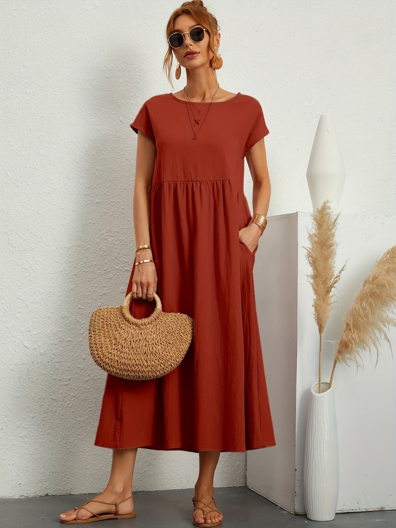 Vestido Midi Con Mangas Cortas Y Bolsillos Integrados Para Mujer | Ideal Para Uso Diario Y Salidas Informales