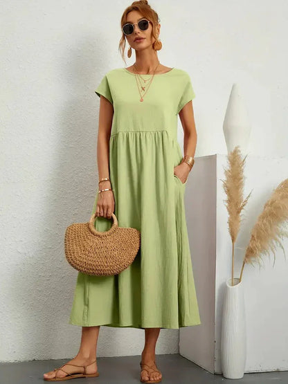 Vestido Midi Con Mangas Cortas Y Bolsillos Integrados Para Mujer | Ideal Para Uso Diario Y Salidas Informales
