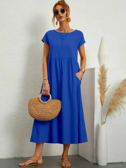 Vestido Midi Con Mangas Cortas Y Bolsillos Integrados Para Mujer | Ideal Para Uso Diario Y Salidas Informales