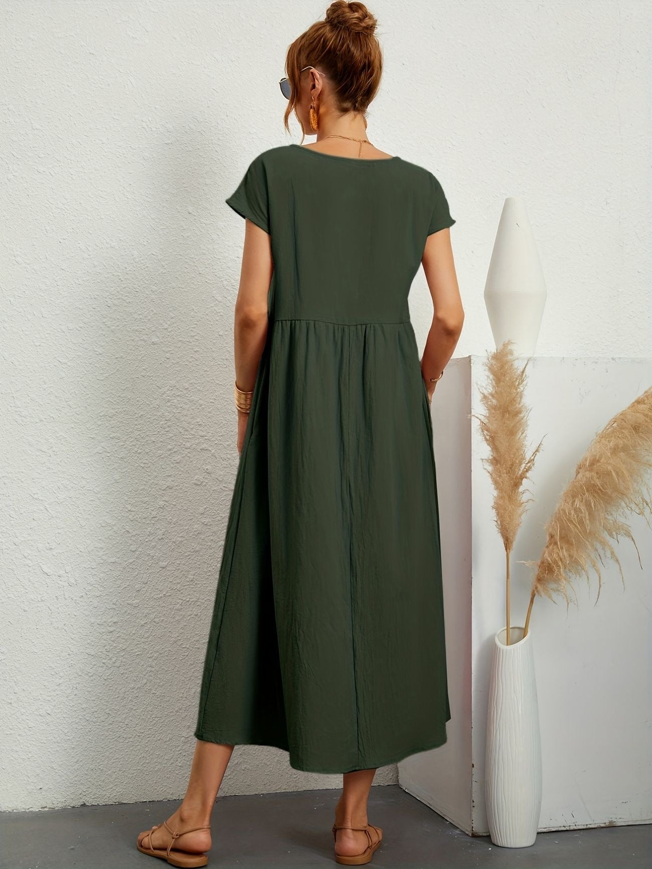 Vestido Midi Con Mangas Cortas Y Bolsillos Integrados Para Mujer | Ideal Para Uso Diario Y Salidas Informales
