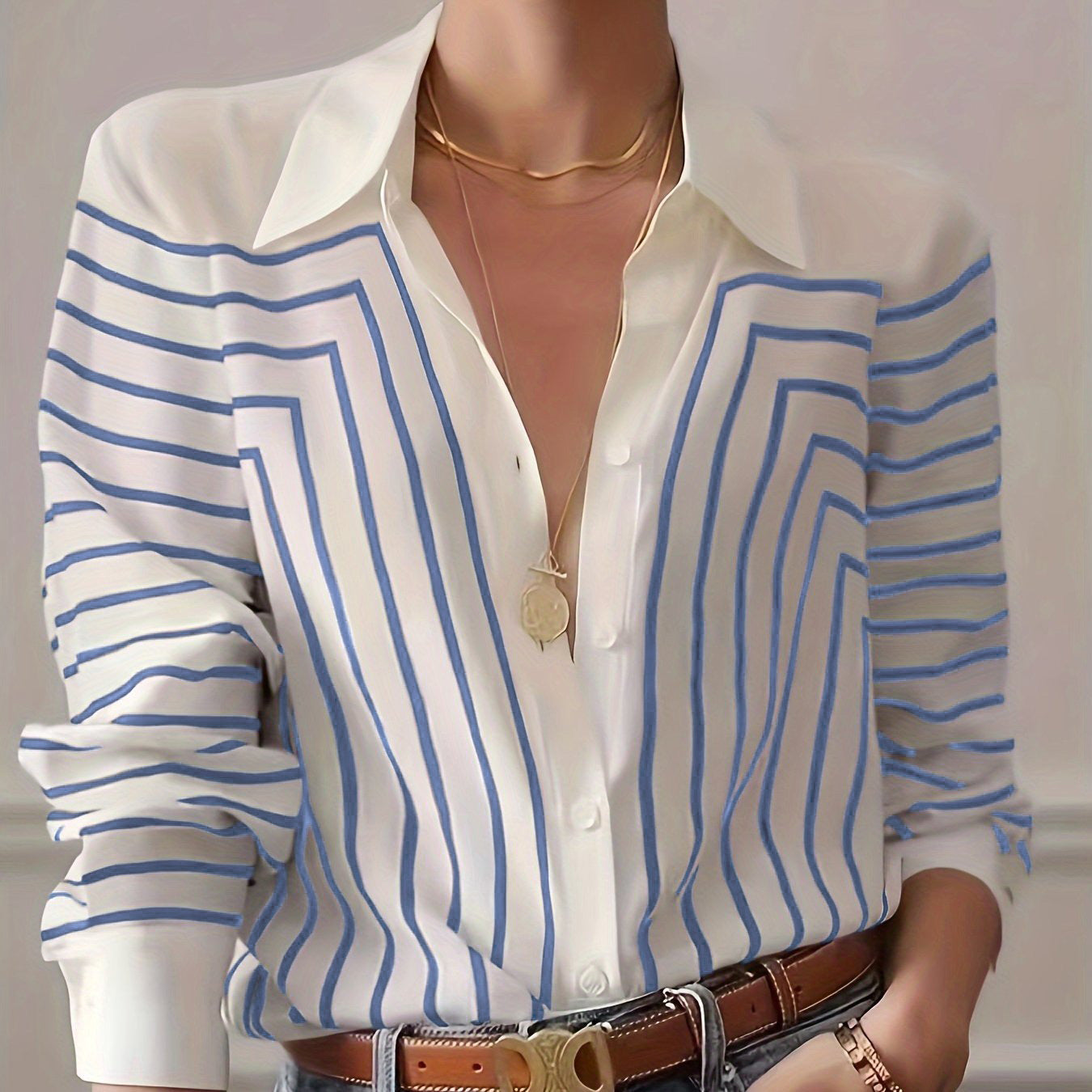 Blusa A Rayas Con Cierre Abotonado Para Mujer | Ideal Para Uso Diario Y Semi-Formal